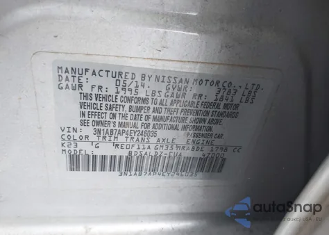 2014 Nissan Sentra Sv from USA, damaged, VIN 3N1AB7AP4EY246035